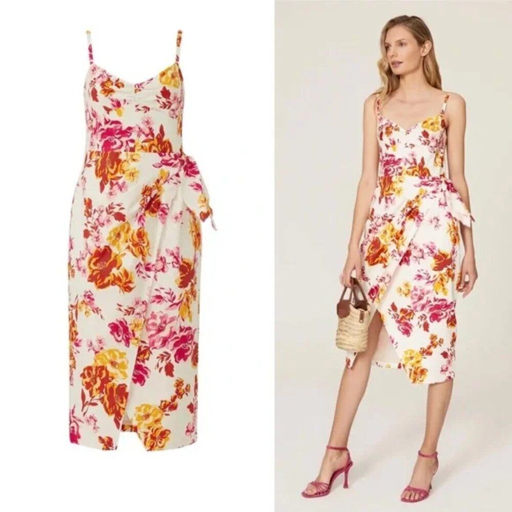 Great Jones White Floral Midi faux wrap sheath Dress Sleeveless Party Cocktail 8
